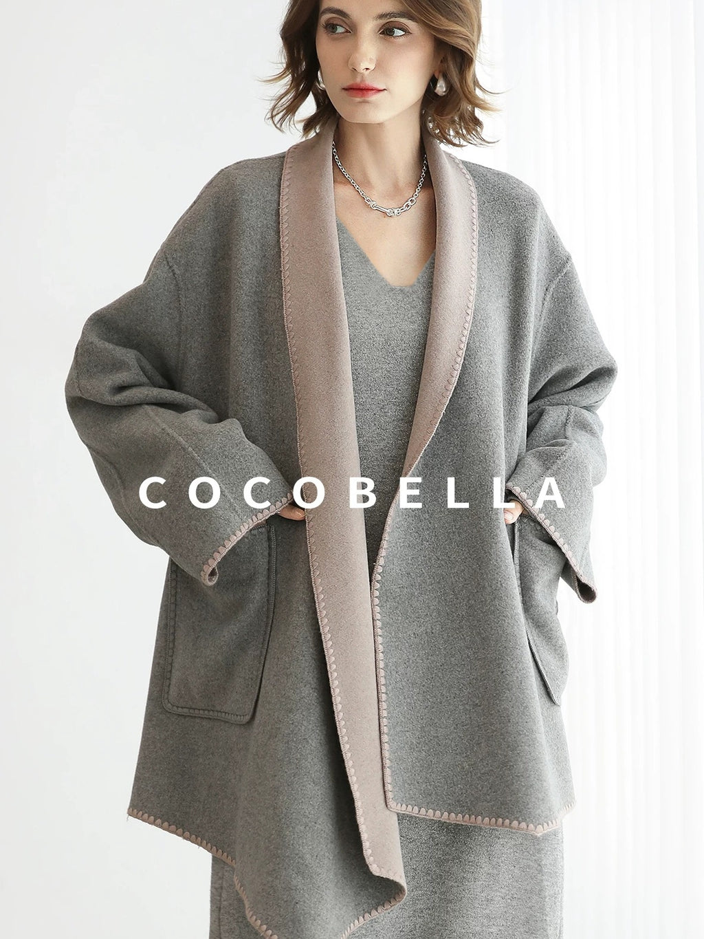 COCOBELLA Wool Blend Shell Embroidery Loose Fit Lapel Collar Office Wool Overcoats Coats