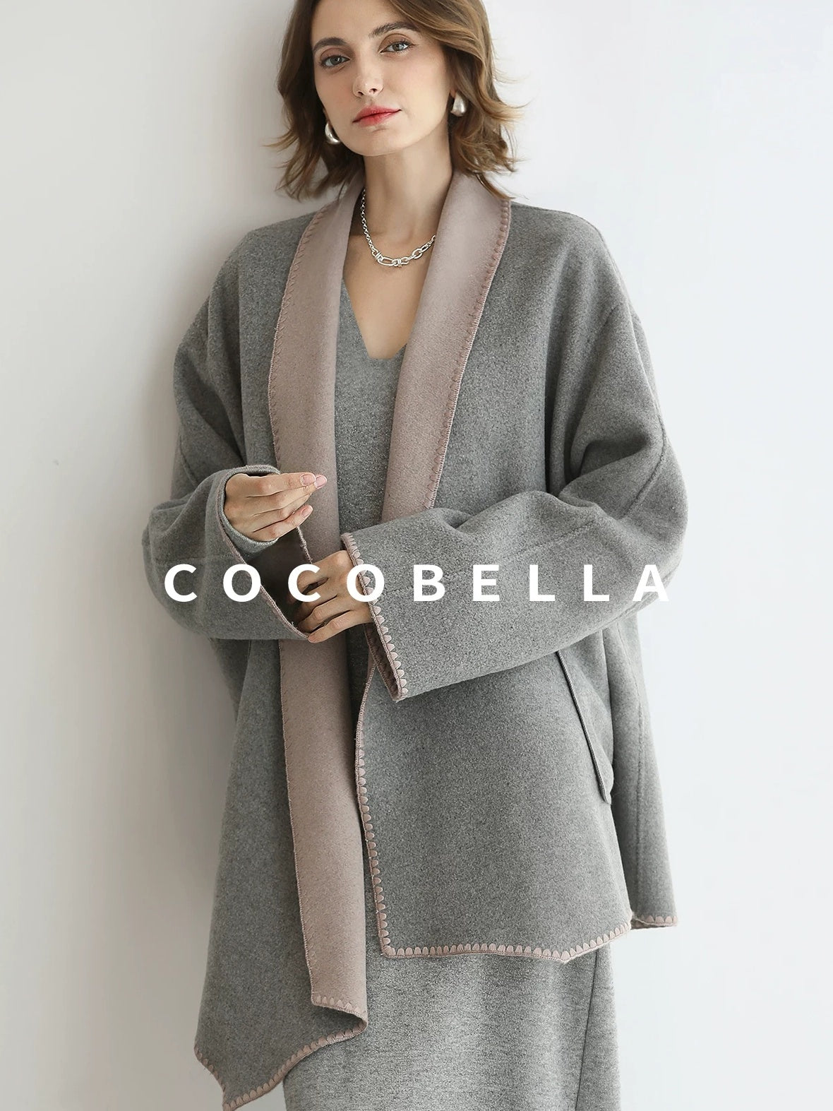 COCOBELLA Wool Blend Shell Embroidery Loose Fit Lapel Collar Office Wool Overcoats Coats