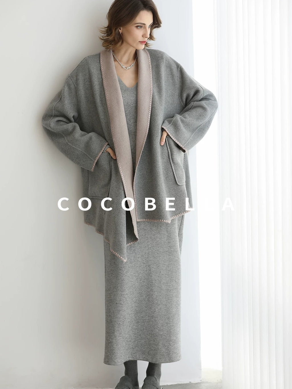 COCOBELLA Wool Blend Shell Embroidery Loose Fit Lapel Collar Office Wool Overcoats Coats