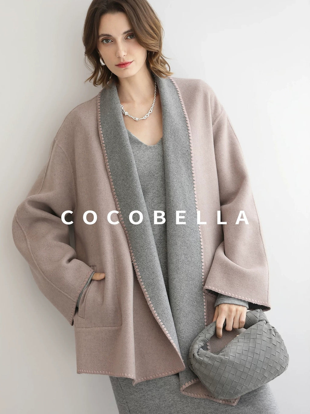 COCOBELLA Wool Blend Shell Embroidery Loose Fit Lapel Collar Office Wool Overcoats Coats