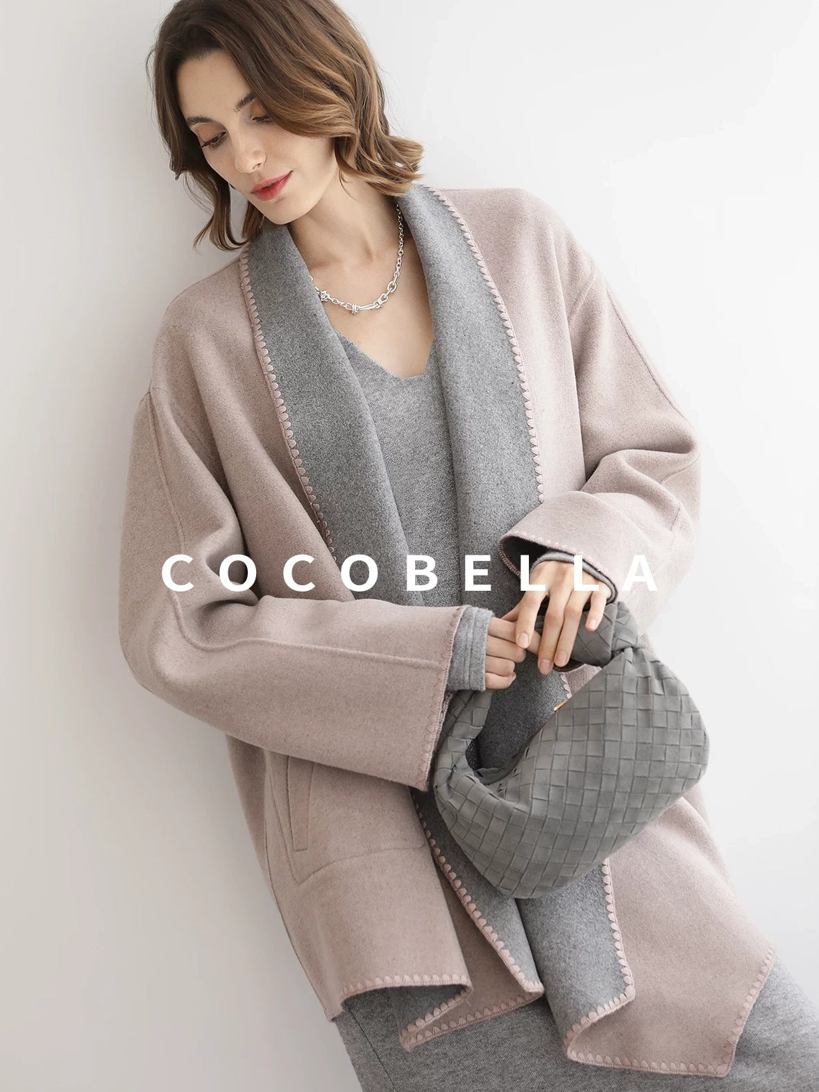 COCOBELLA Wool Blend Shell Embroidery Loose Fit Lapel Collar Office Wool Overcoats Coats