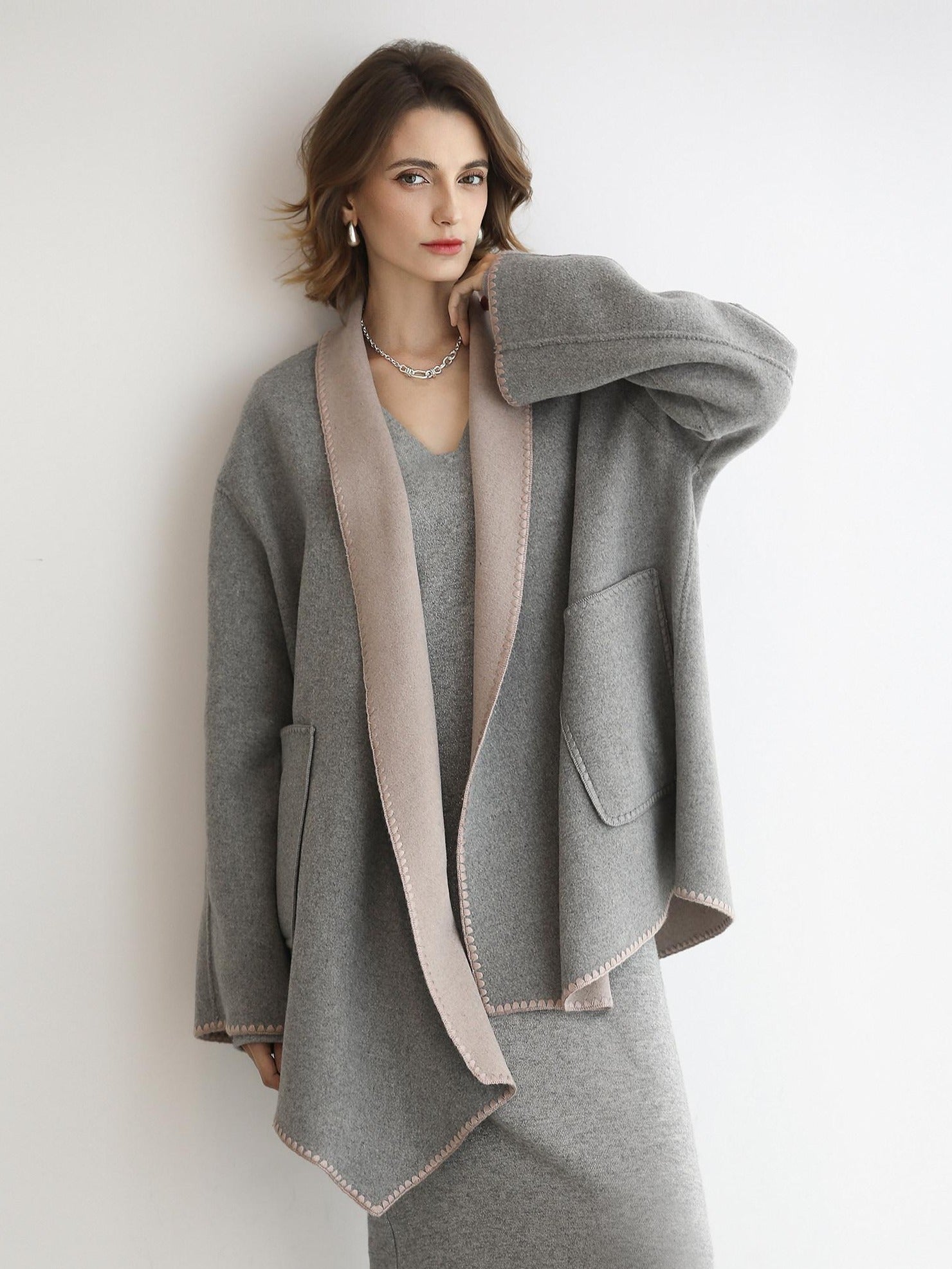 COCOBELLA Wool Blend Shell Embroidery Loose Fit Lapel Collar Office Wool Overcoats Coats