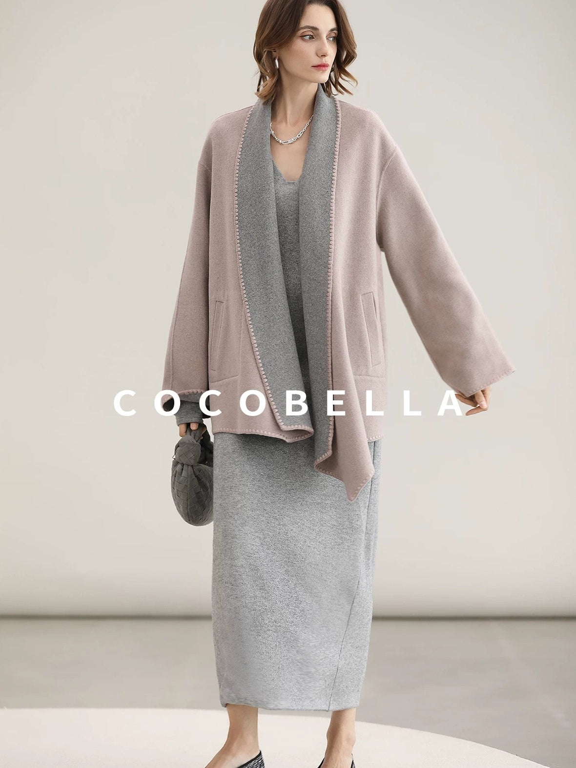COCOBELLA Wool Blend Shell Embroidery Loose Fit Lapel Collar Office Wool Overcoats Coats