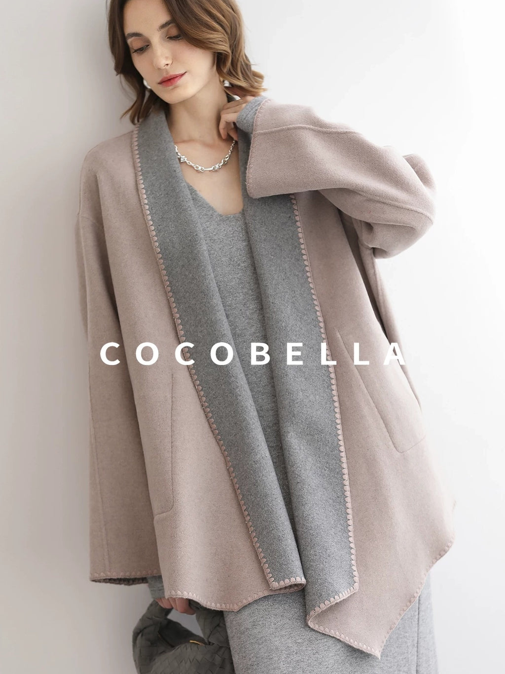 COCOBELLA Wool Blend Shell Embroidery Loose Fit Lapel Collar Office Wool Overcoats Coats