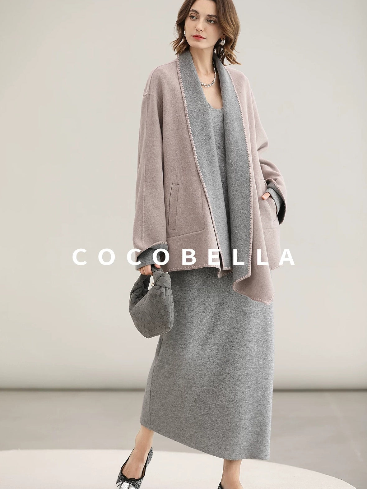 COCOBELLA Wool Blend Shell Embroidery Loose Fit Lapel Collar Office Wool Overcoats Coats