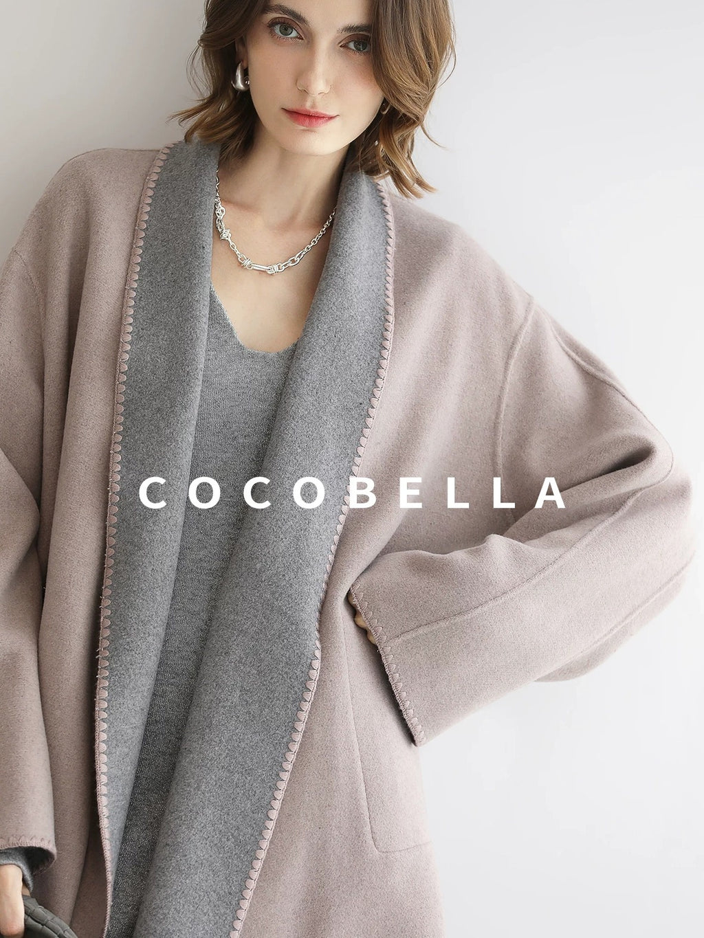 COCOBELLA Wool Blend Shell Embroidery Loose Fit Lapel Collar Office Wool Overcoats Coats