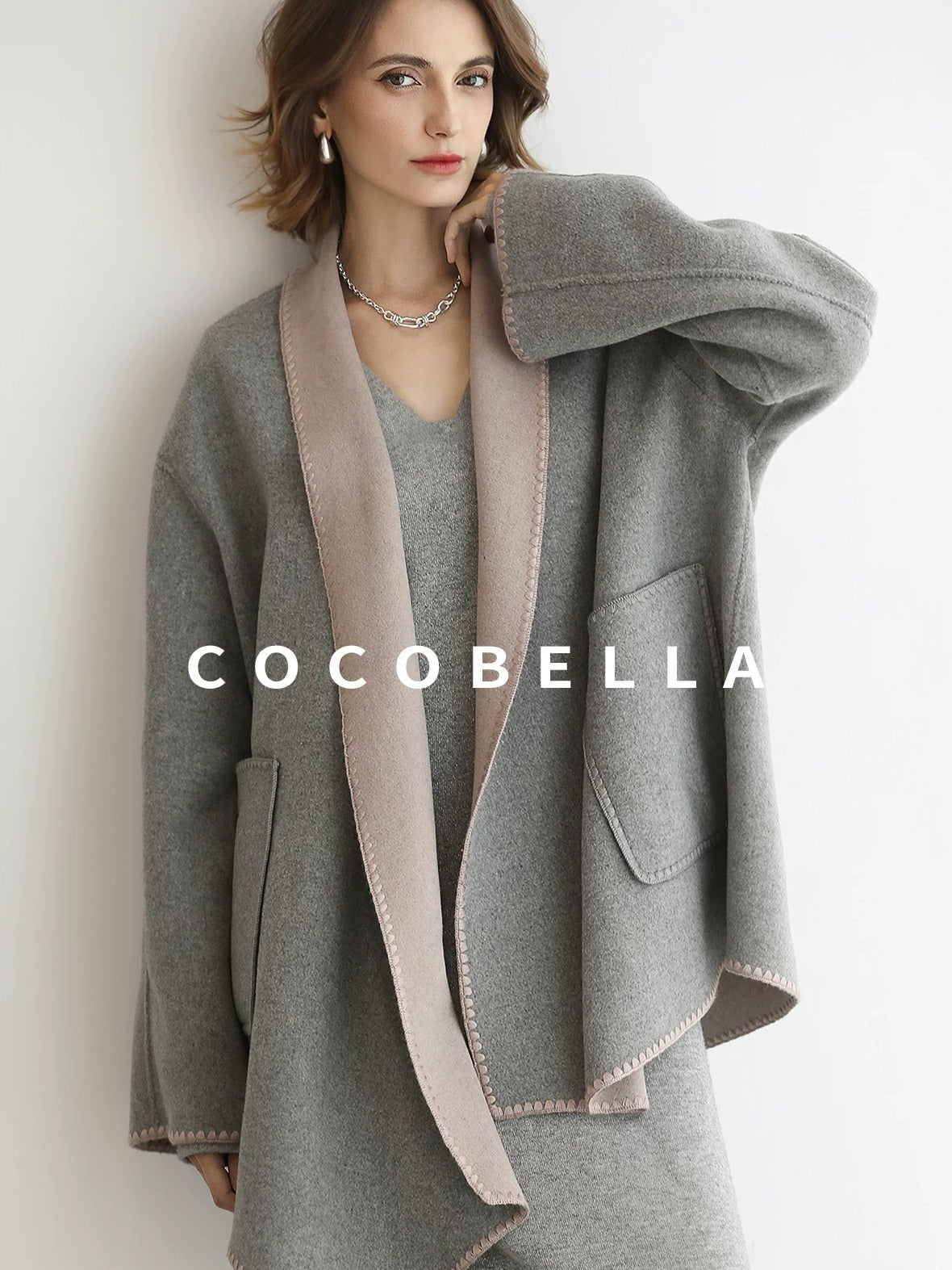 COCOBELLA Wool Blend Shell Embroidery Loose Fit Lapel Collar Office Wool Overcoats Coats