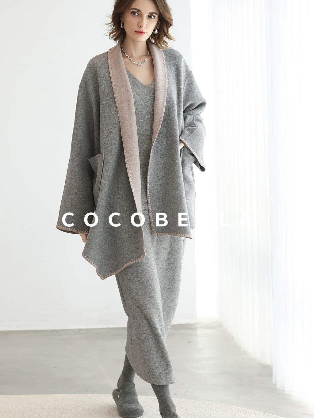 COCOBELLA Wool Blend Shell Embroidery Loose Fit Lapel Collar Office Wool Overcoats Coats