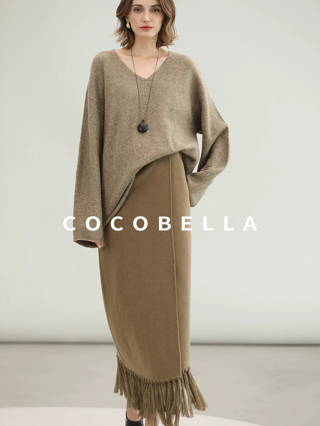 COCOBELLA Wool Blend Shell Embroidery Tassel Mid Rise Front Slit H Silhouette Office Skirts