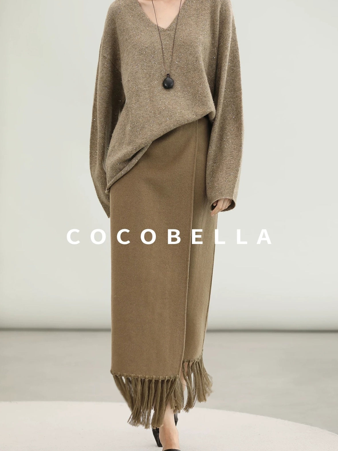 COCOBELLA Wool Blend Shell Embroidery Tassel Mid Rise Front Slit H Silhouette Office Skirts