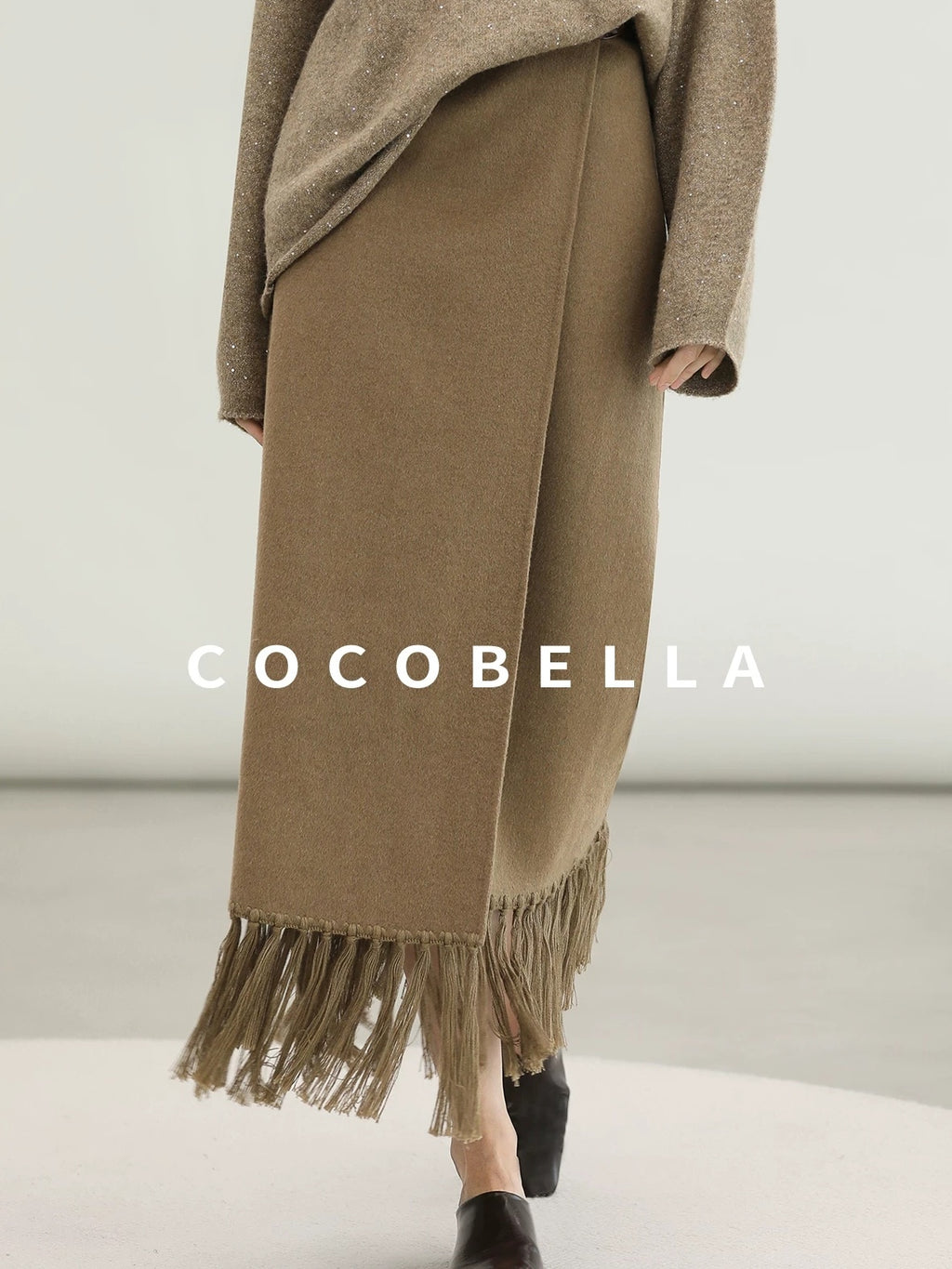 COCOBELLA Wool Blend Shell Embroidery Tassel Mid Rise Front Slit H Silhouette Office Skirts