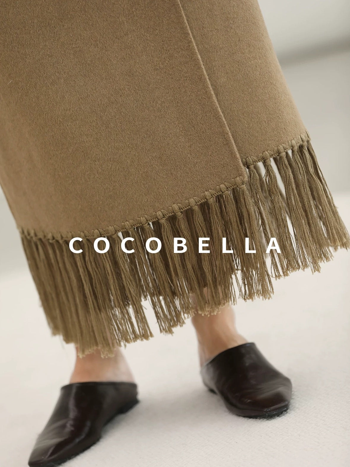 COCOBELLA Wool Blend Shell Embroidery Tassel Mid Rise Front Slit H Silhouette Office Skirts