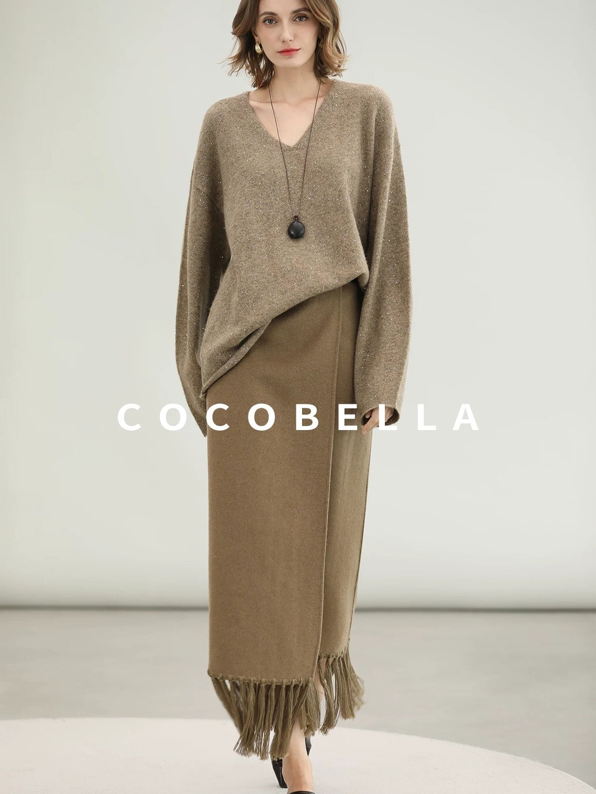COCOBELLA Wool Blend Shell Embroidery Tassel Mid Rise Front Slit H Silhouette Office Skirts