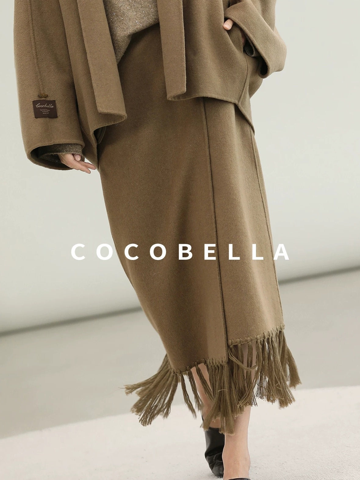 COCOBELLA Wool Blend Shell Embroidery Tassel Mid Rise Front Slit H Silhouette Office Skirts
