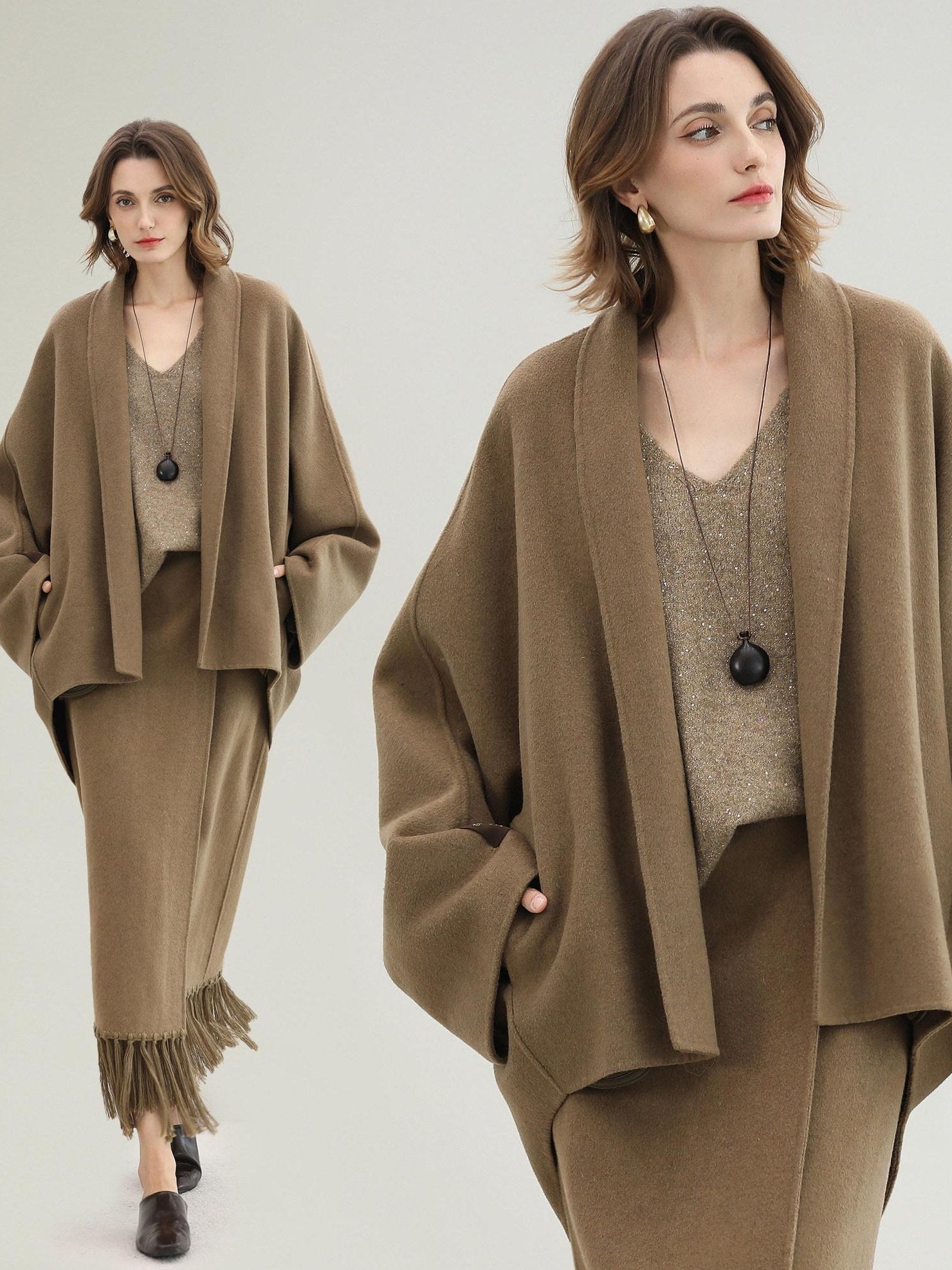 COCOBELLA Wool Blend Shell Embroidery Tassel Mid Rise Front Slit H Silhouette Office Skirts