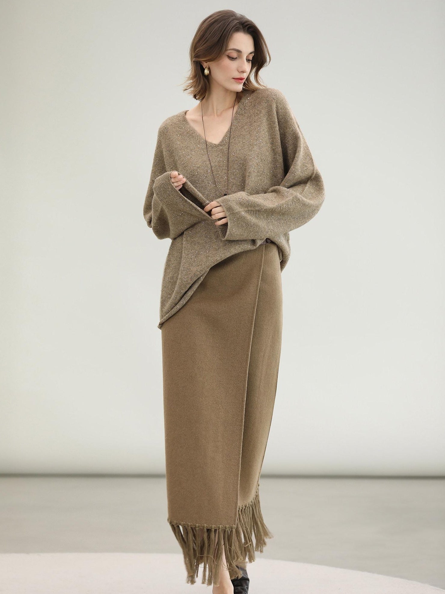 COCOBELLA Wool Blend Shell Embroidery Tassel Mid Rise Front Slit H Silhouette Office Skirts