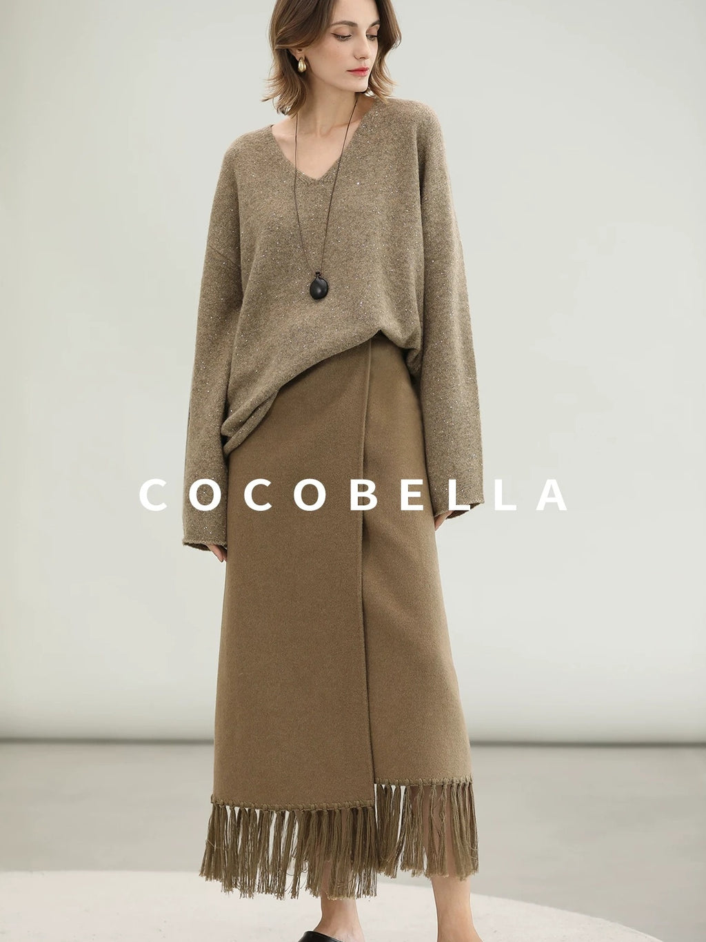 COCOBELLA Wool Blend Shell Embroidery Tassel Mid Rise Front Slit H Silhouette Office Skirts
