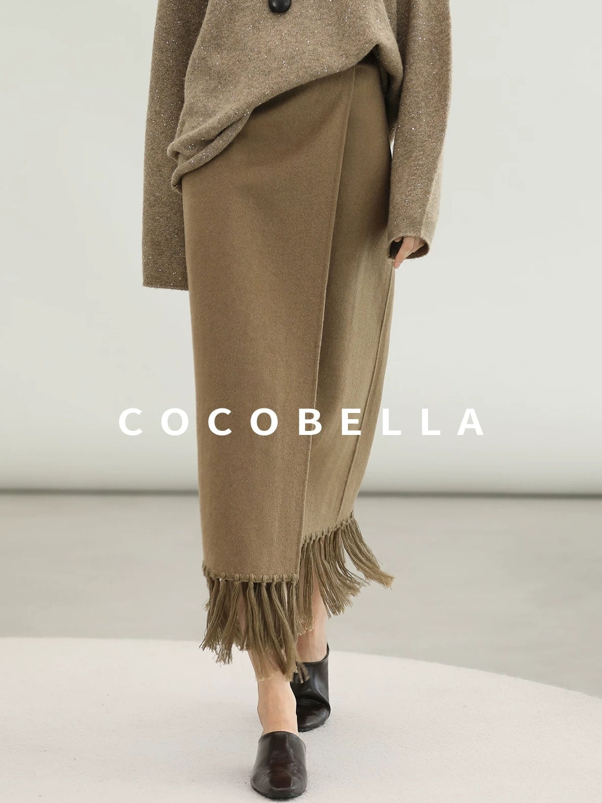 COCOBELLA Wool Blend Shell Embroidery Tassel Mid Rise Front Slit H Silhouette Office Skirts