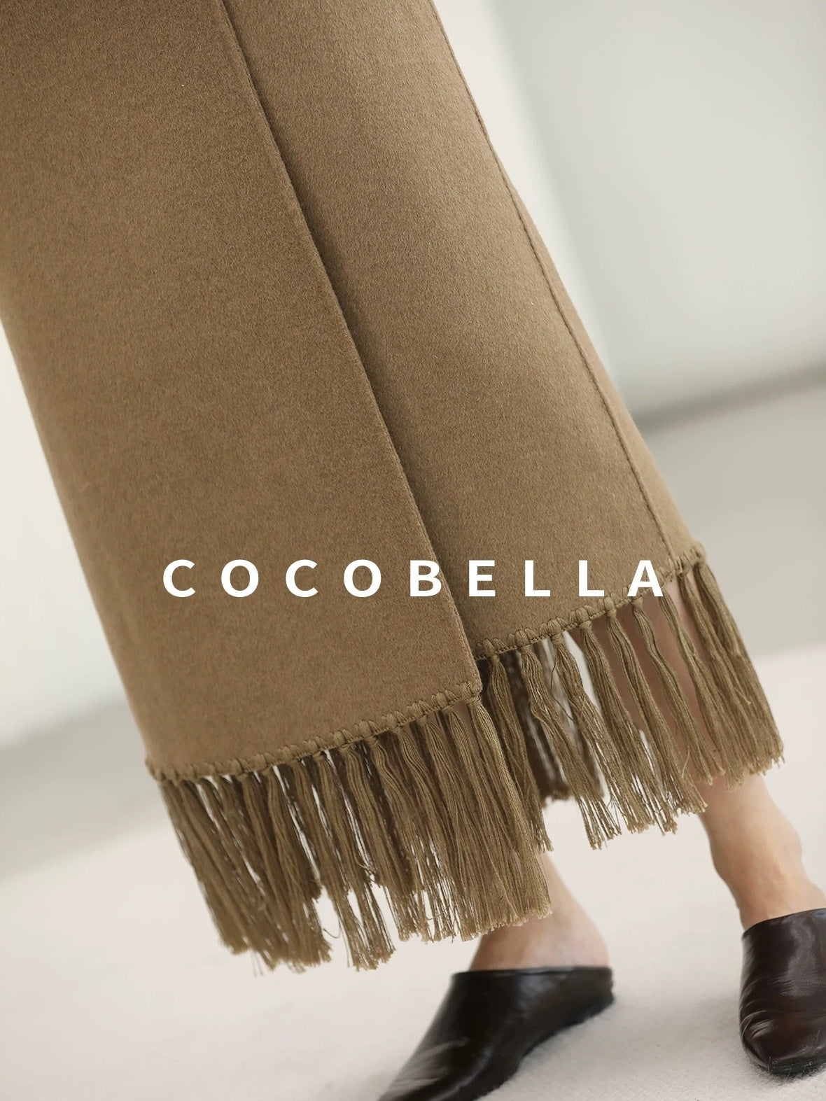 COCOBELLA Wool Blend Shell Embroidery Tassel Mid Rise Front Slit H Silhouette Office Skirts
