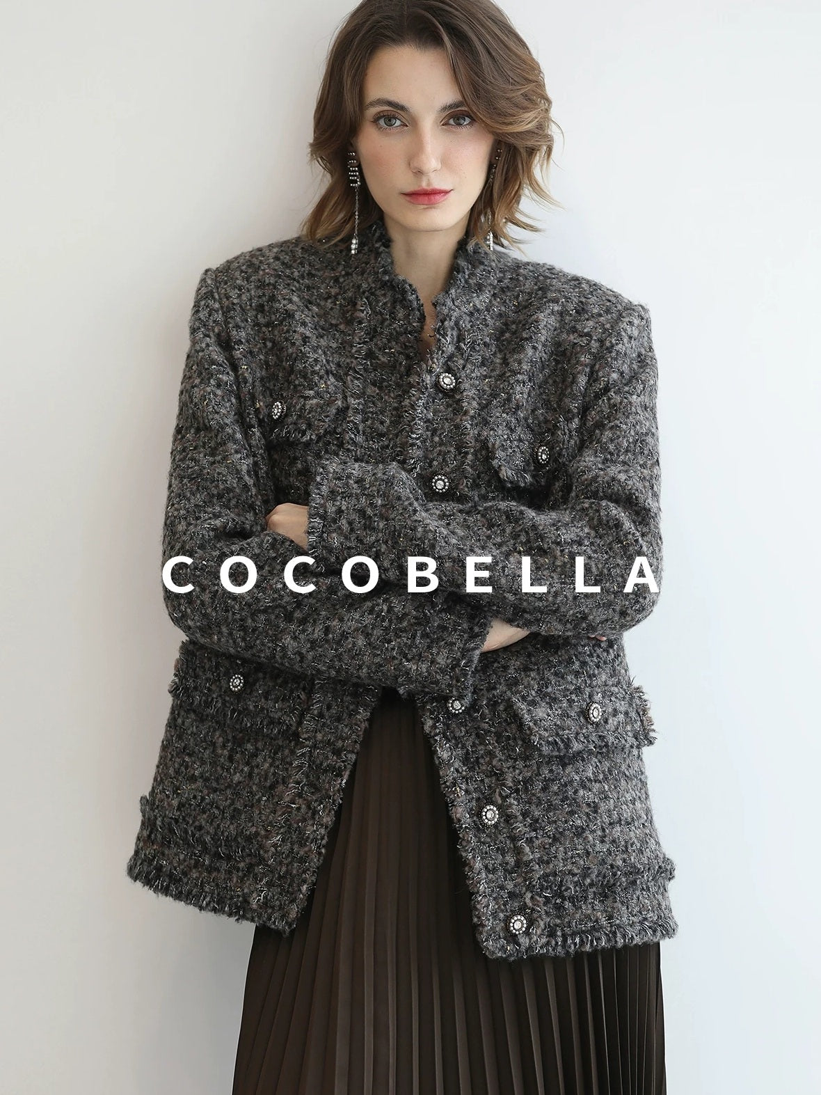 COCOBELLA Wool Blend Shine Straight Fit Stand Collar Single Button Office Workwear Jackets