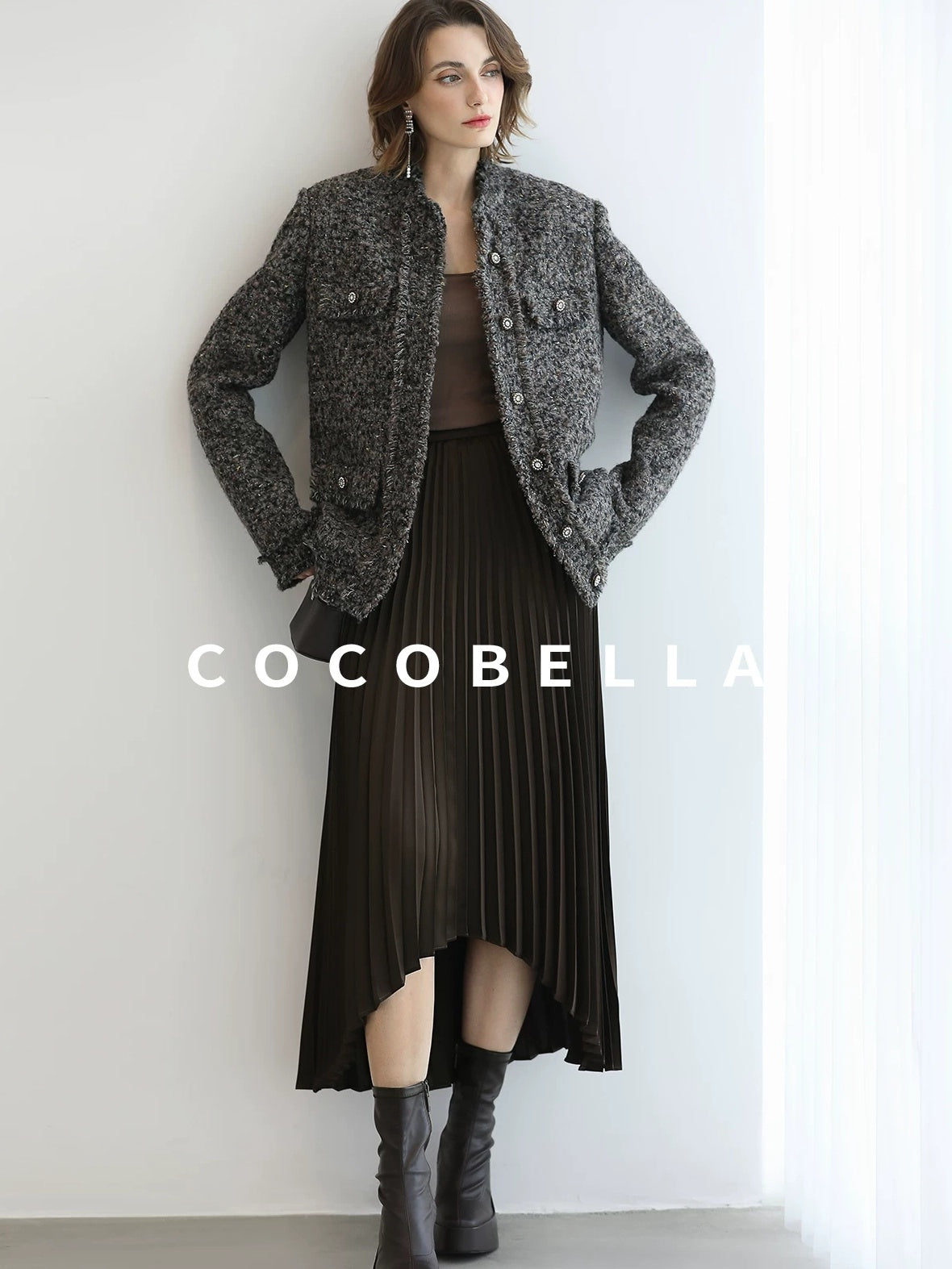 COCOBELLA Wool Blend Shine Straight Fit Stand Collar Single Button Office Workwear Jackets