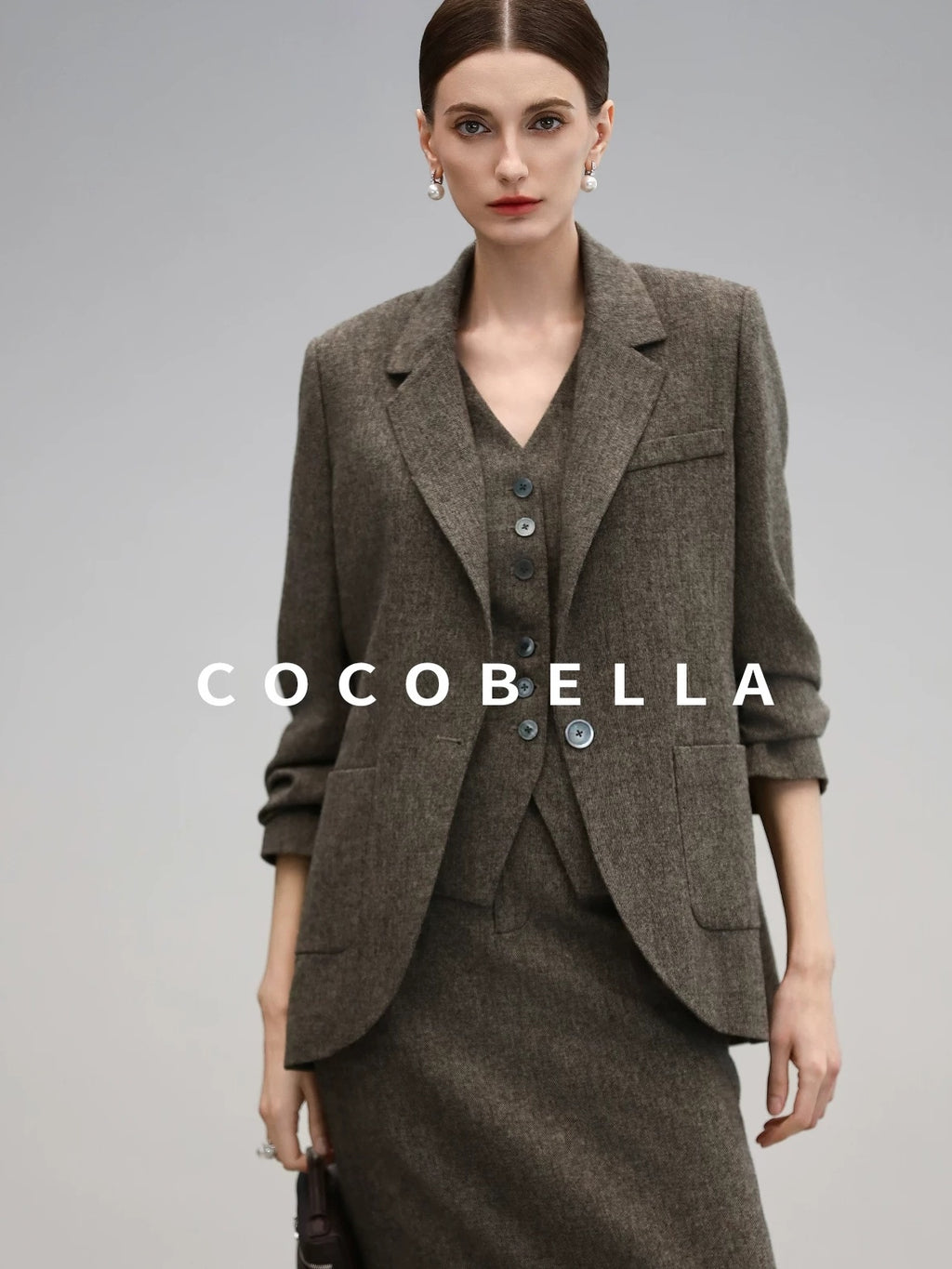 COCOBELLA Wool Blend Straight Fit Single Button Notch Lapel Women Office Brown Blazers