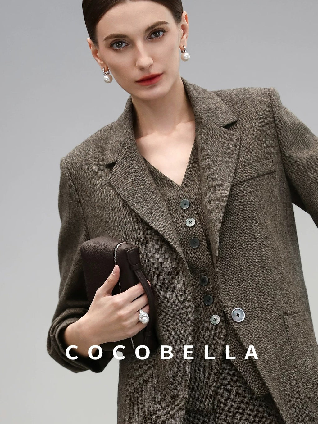 COCOBELLA Wool Blend Straight Fit Single Button Notch Lapel Women Office Brown Blazers
