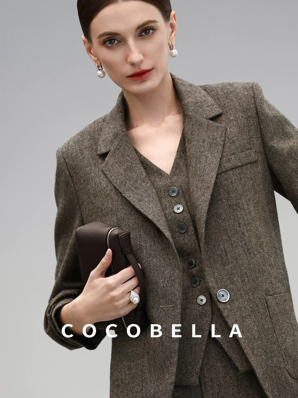 COCOBELLA Wool Blend Straight Fit Single Button Notch Lapel Women Office Brown Blazers