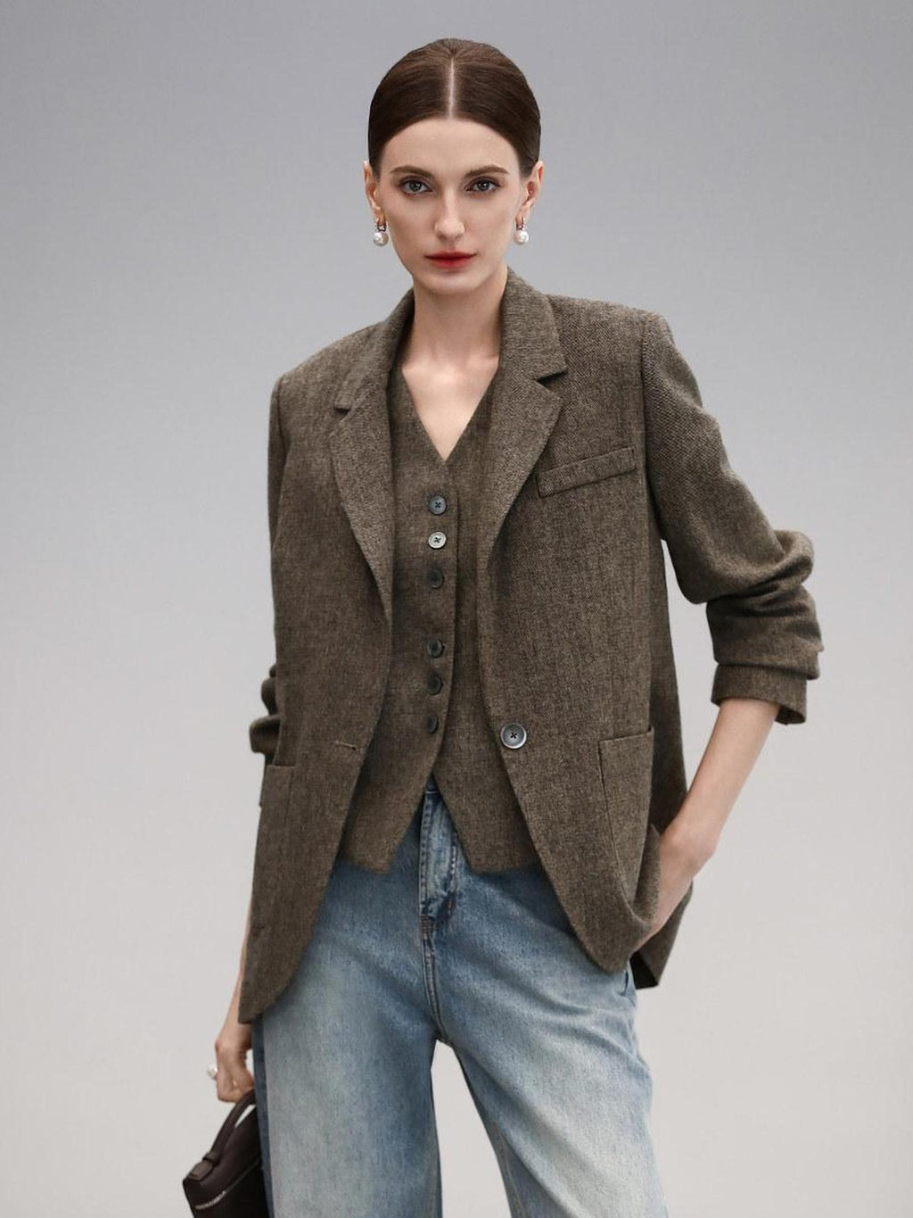 COCOBELLA Wool Blend Straight Fit Single Button Notch Lapel Women Office Brown Blazers