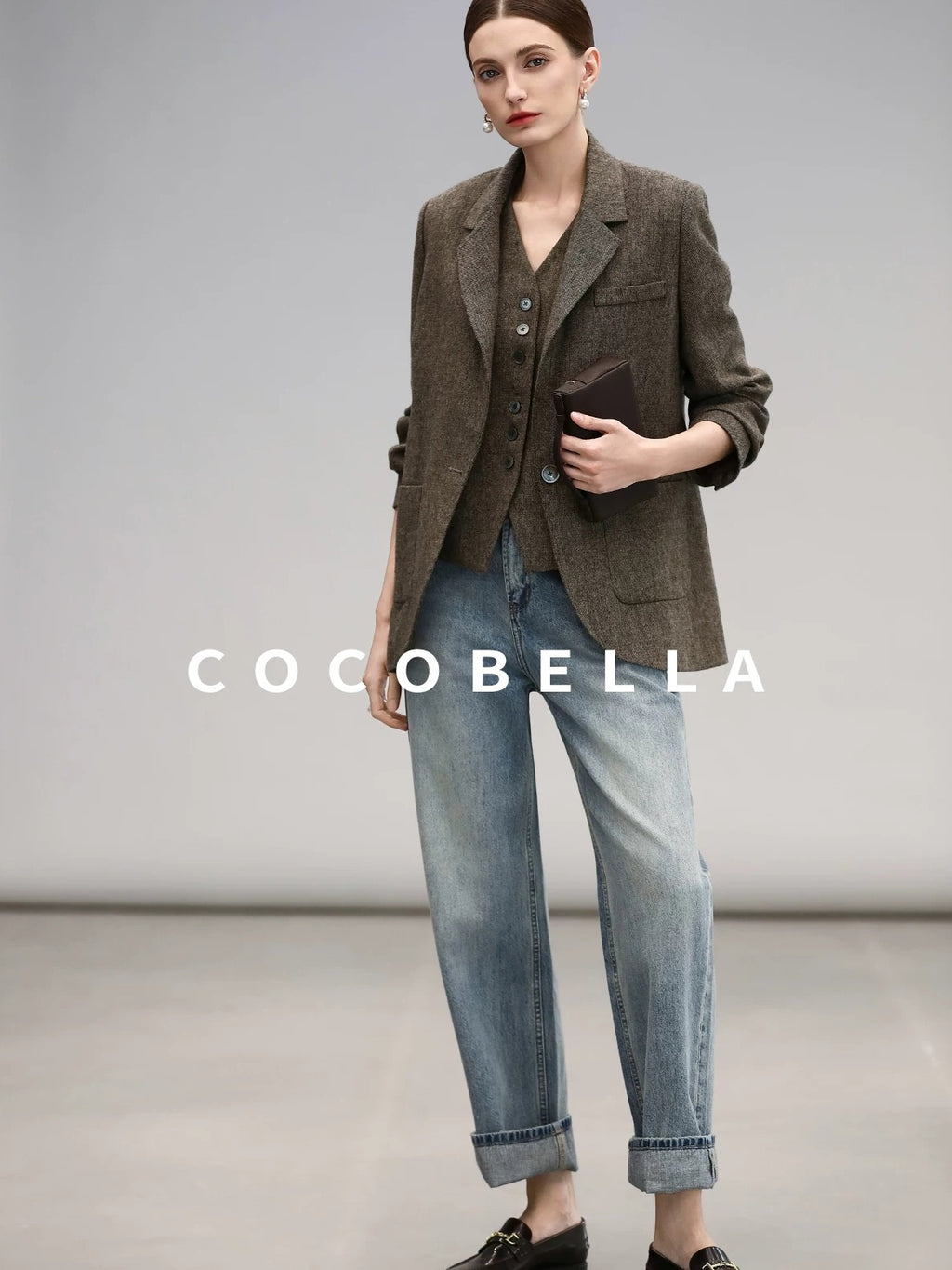 COCOBELLA Wool Blend Straight Fit Single Button Notch Lapel Women Office Brown Blazers