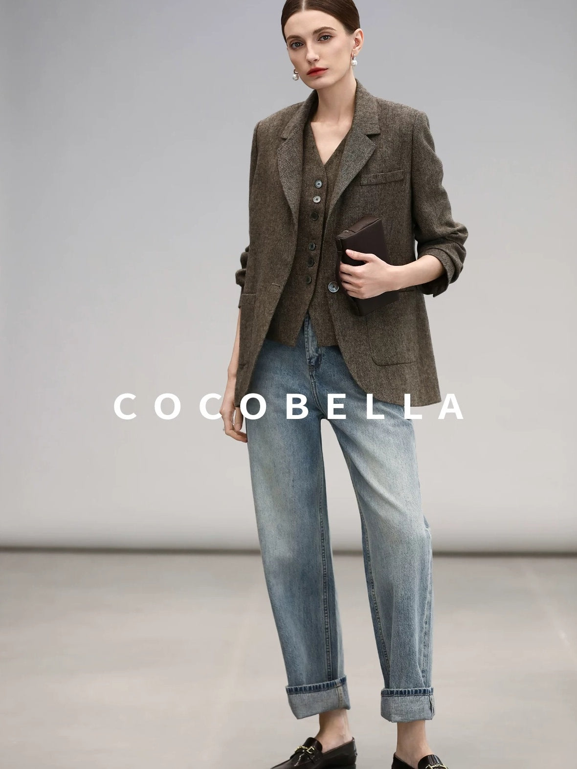 COCOBELLA Wool Blend Straight Fit Single Button Notch Lapel Women Office Brown Blazers