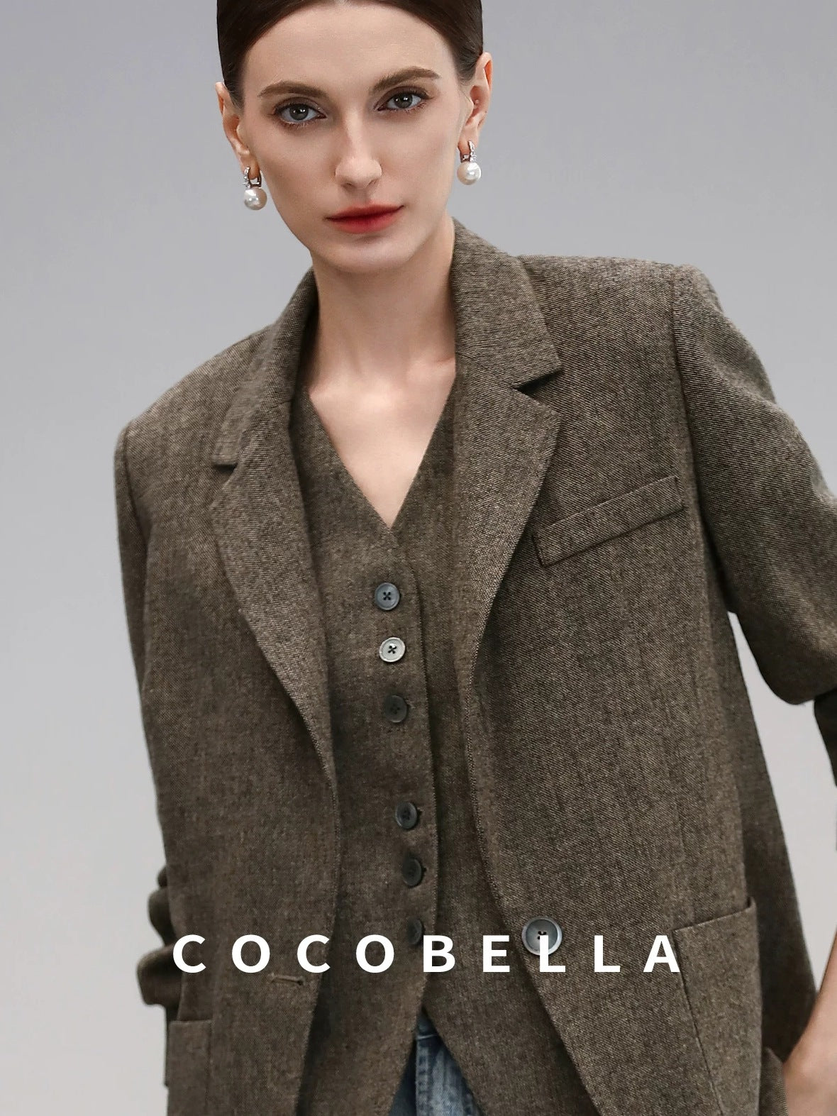COCOBELLA Wool Blend Straight Fit Single Button Notch Lapel Women Office Brown Blazers