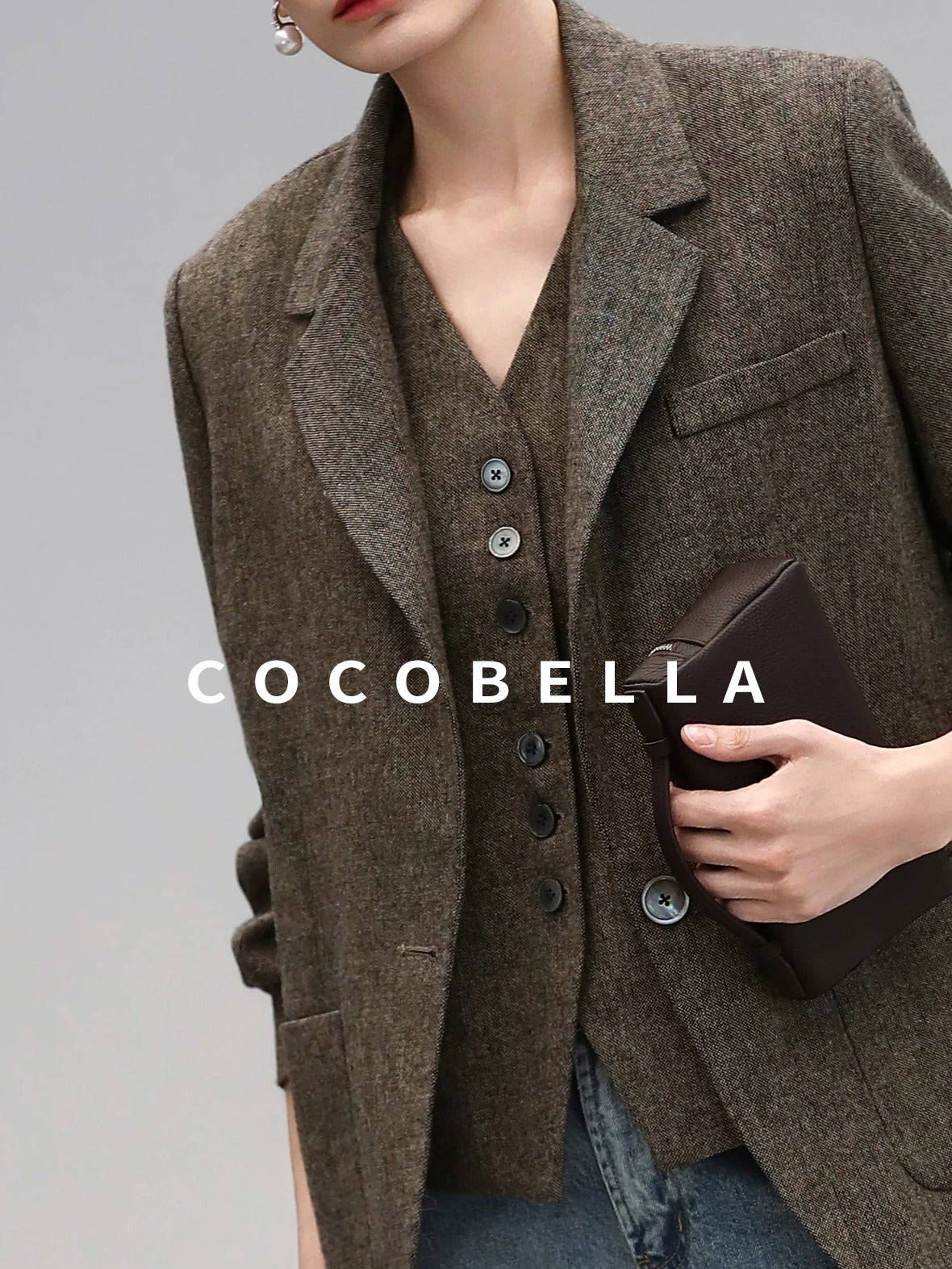 COCOBELLA Wool Blend Straight Fit Single Button Notch Lapel Women Office Brown Blazers