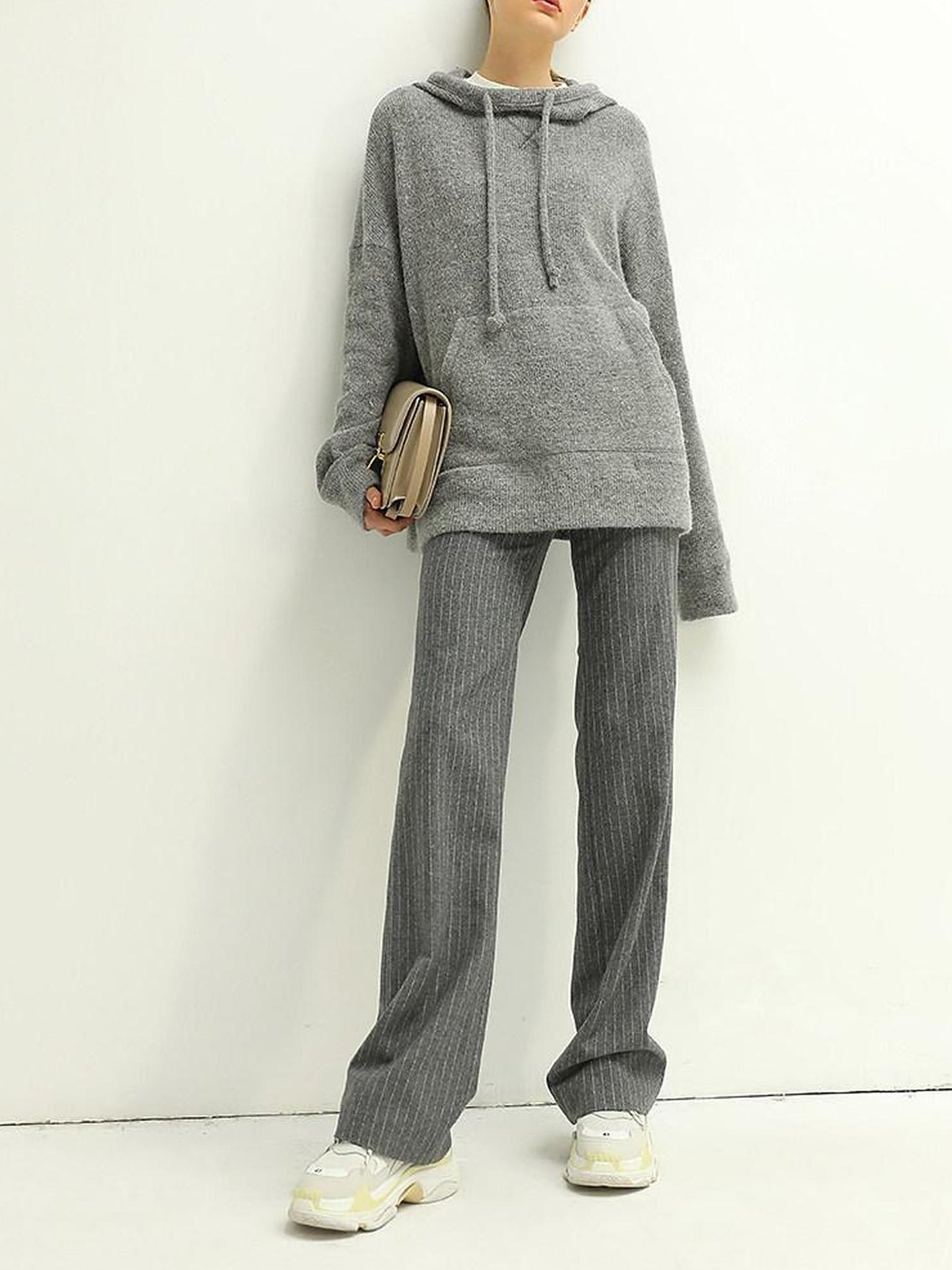 COCOBELLA Wool Blend Striped Natural Waist Straight Leg Casual Women Grey Pants