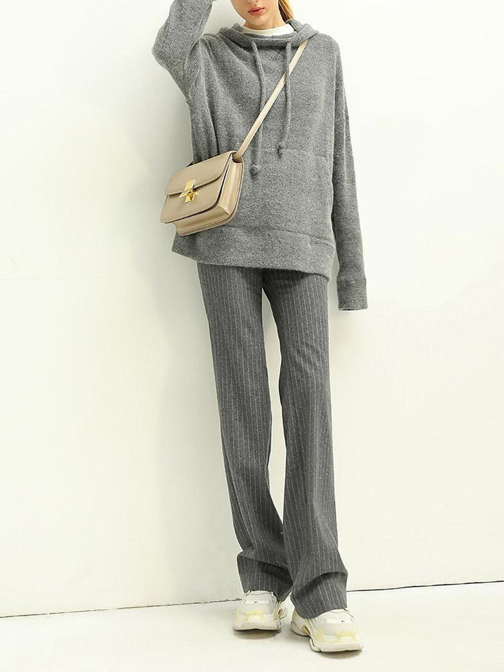 COCOBELLA Wool Blend Striped Natural Waist Straight Leg Casual Women Grey Pants