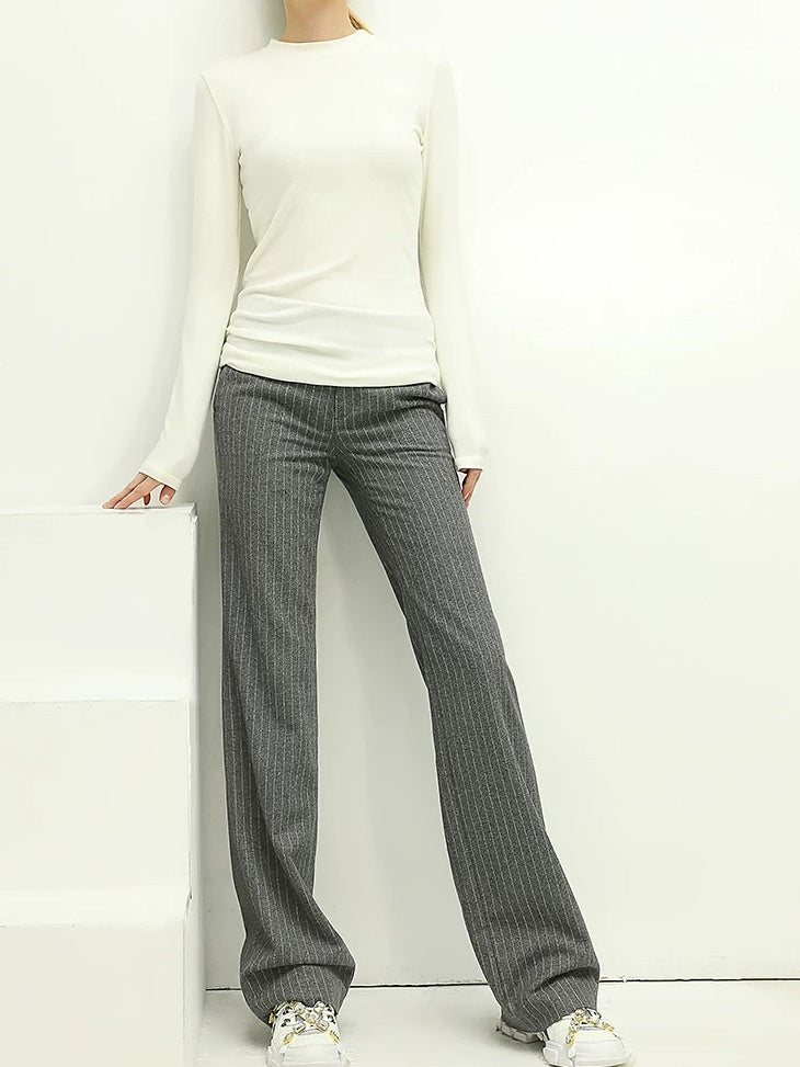 COCOBELLA Wool Blend Striped Natural Waist Straight Leg Casual Women Grey Pants