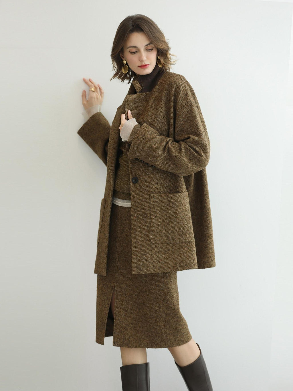 COCOBELLA Wool Blend Tailored Mid Rise Midi Straight H Line Front Slit Office Women Skirts