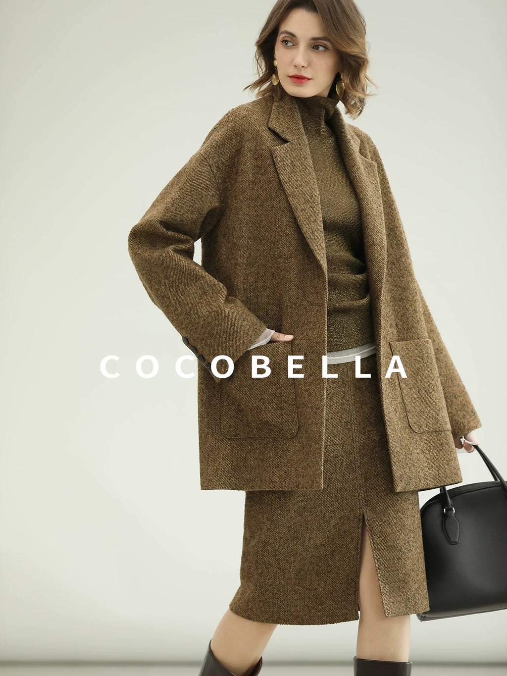 COCOBELLA Wool Blend Tailored Mid Rise Midi Straight H Line Front Slit Office Women Skirts