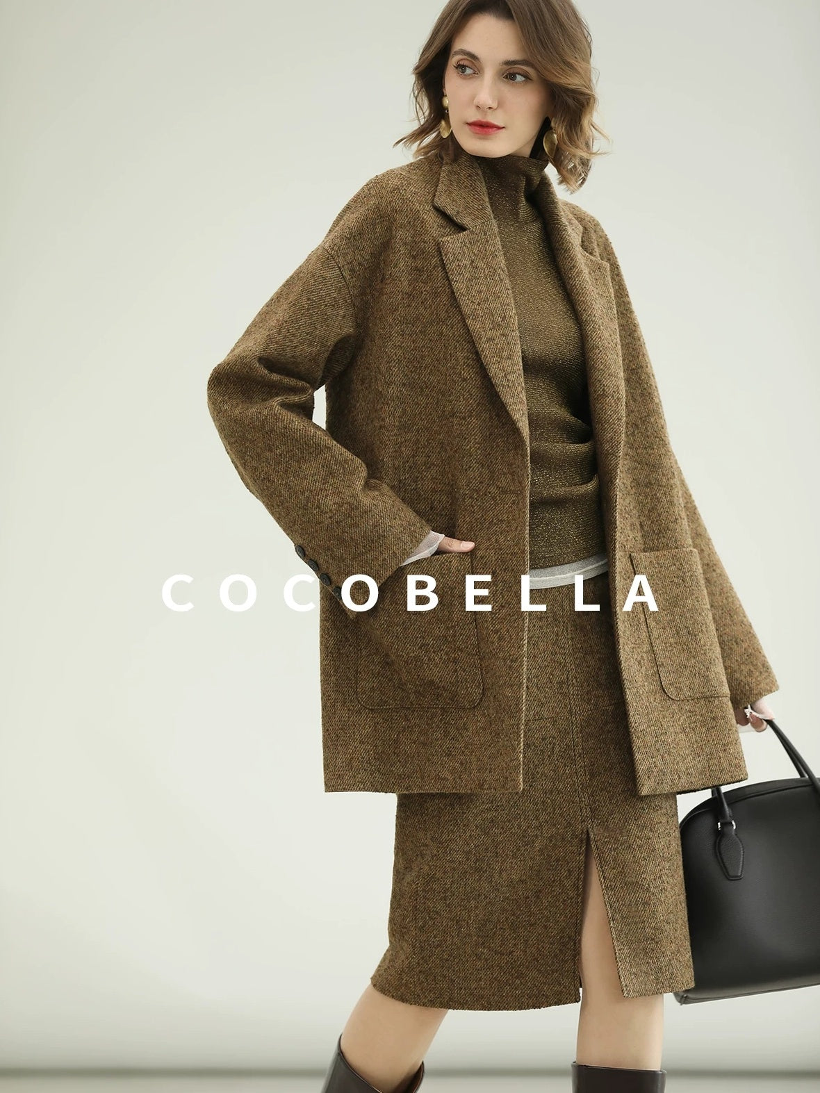 COCOBELLA Wool Blend Tailored Mid Rise Midi Straight H Line Front Slit Office Women Skirts