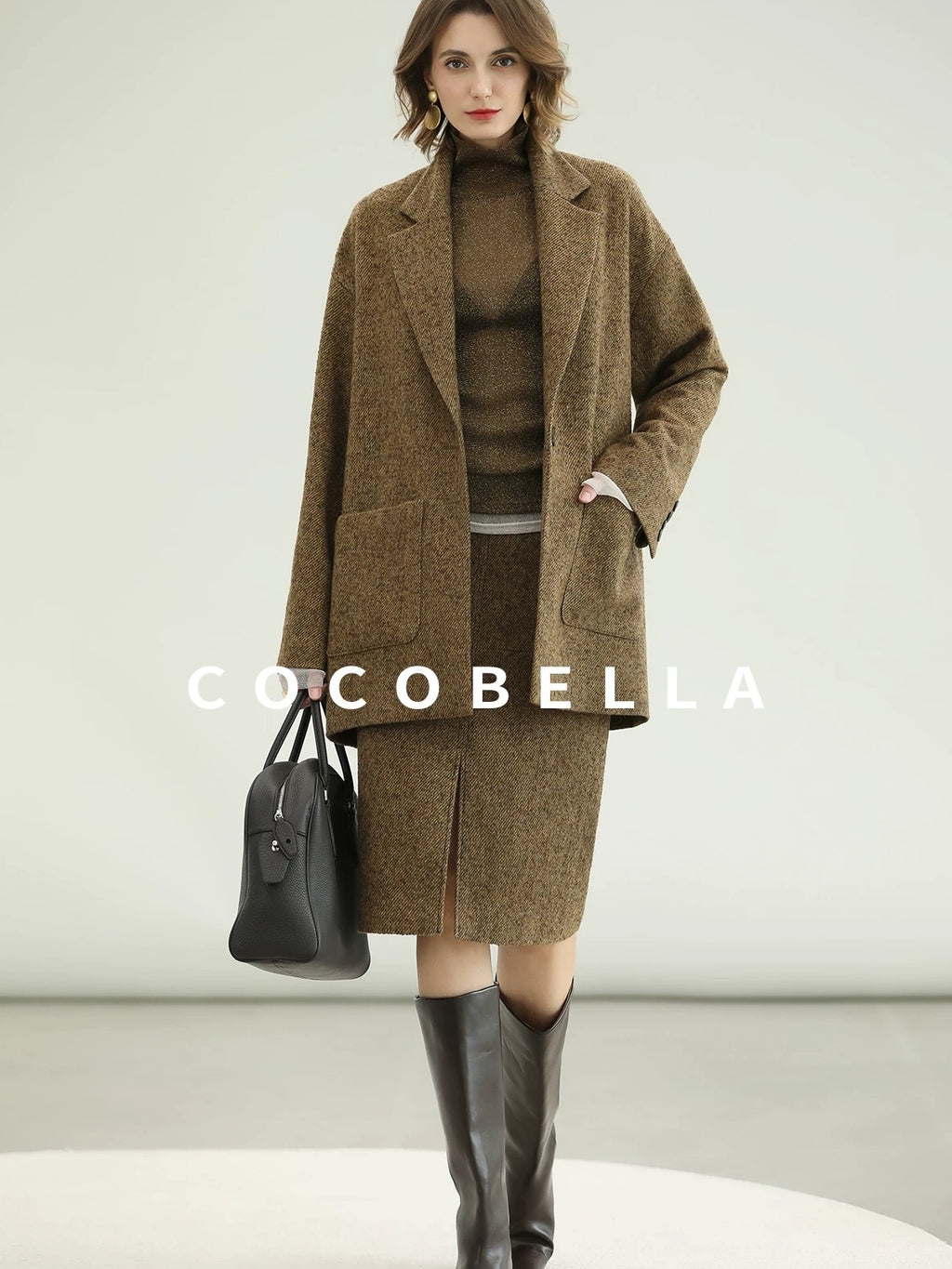 COCOBELLA Wool Blend Tailored Mid Rise Midi Straight H Line Front Slit Office Women Skirts