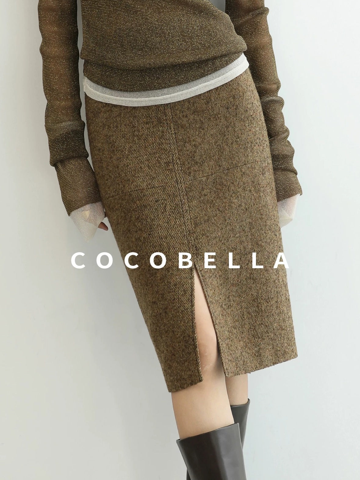COCOBELLA Wool Blend Tailored Mid Rise Midi Straight H Line Front Slit Office Women Skirts