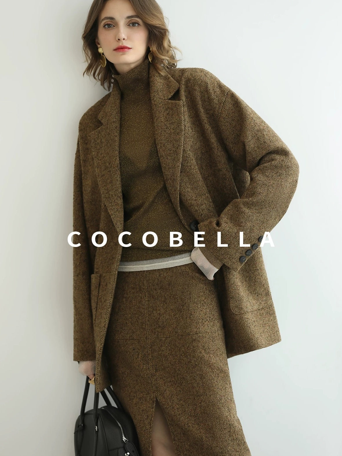 COCOBELLA Wool Blend Tailored Mid Rise Midi Straight H Line Front Slit Office Women Skirts