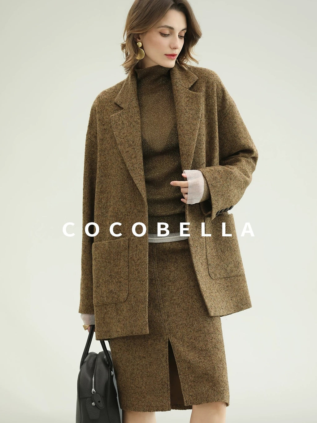 COCOBELLA Wool Blend Tailored Mid Rise Midi Straight H Line Front Slit Office Women Skirts