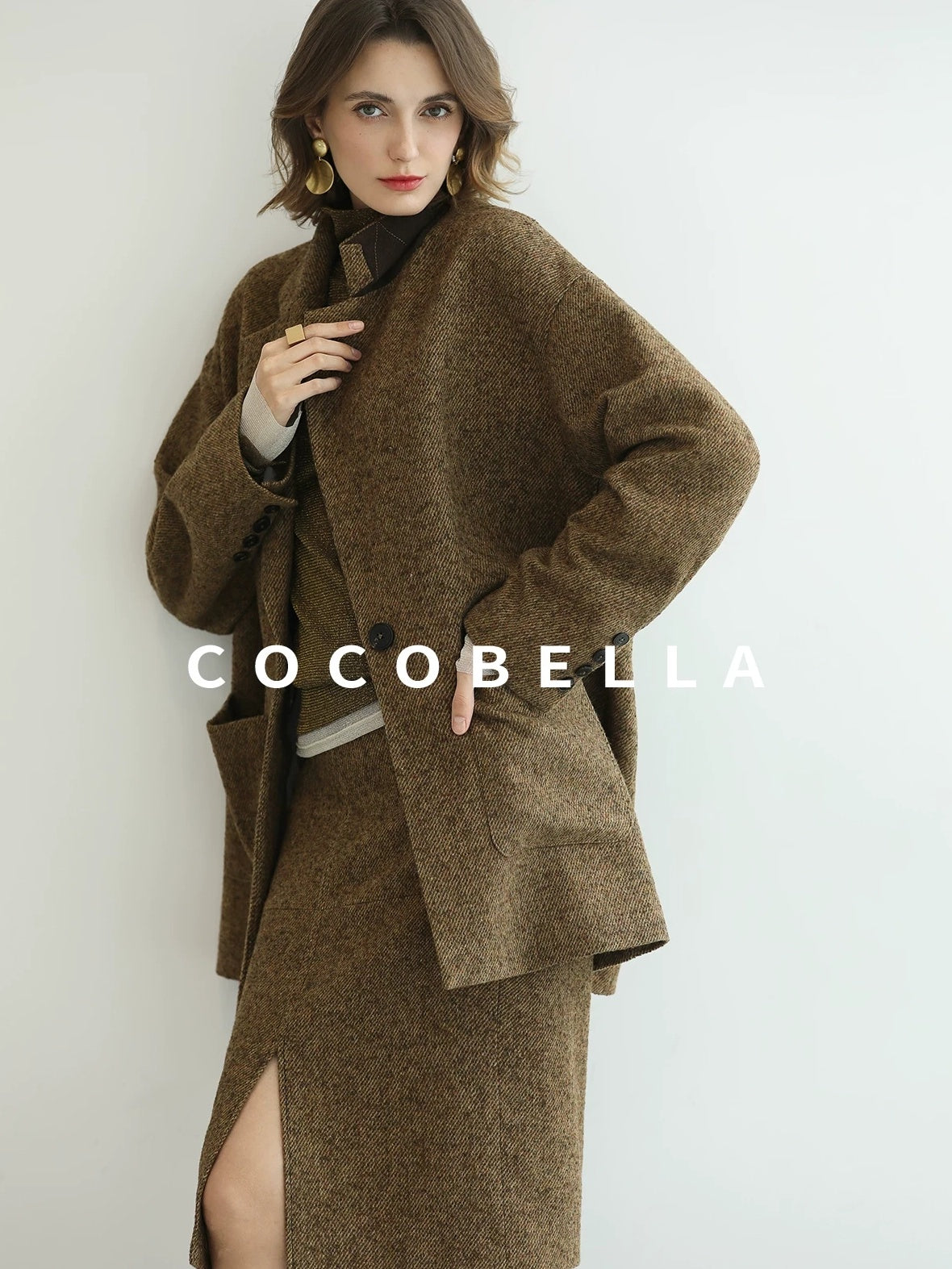 COCOBELLA Wool Blend Tailored Mid Rise Midi Straight H Line Front Slit Office Women Skirts