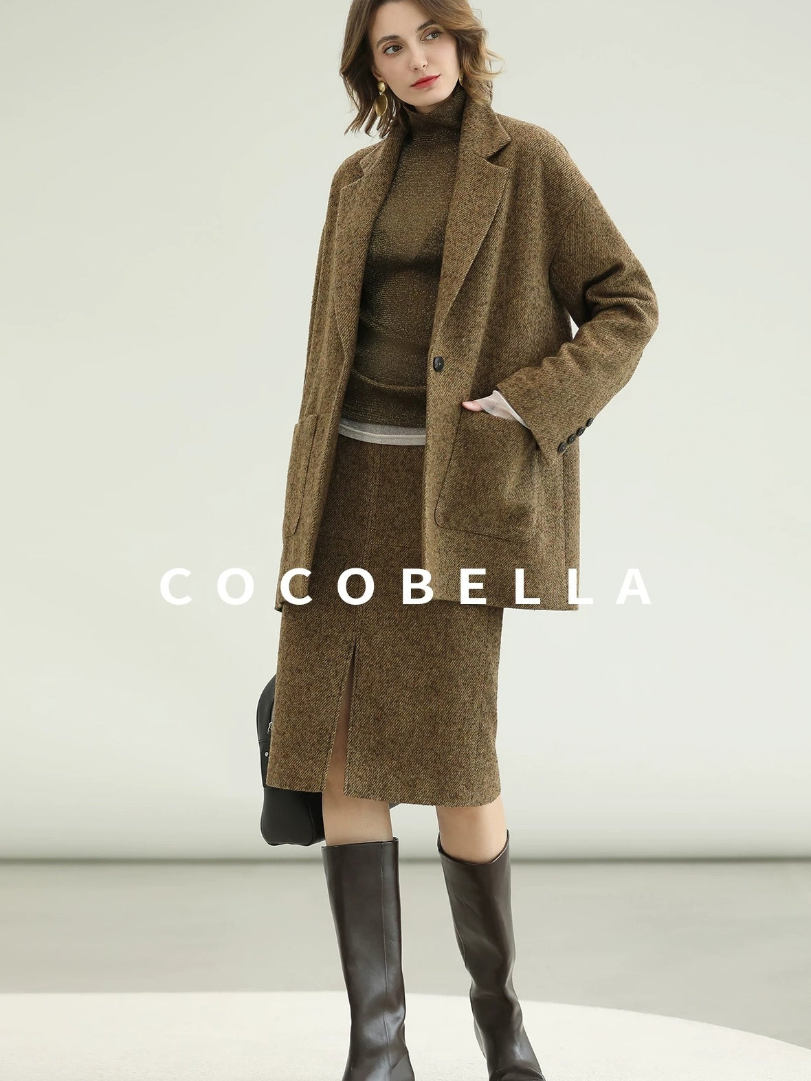 COCOBELLA Wool Blend Tailored Mid Rise Midi Straight H Line Front Slit Office Women Skirts