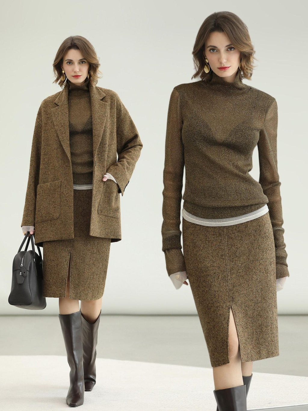 COCOBELLA Wool Blend Tailored Mid Rise Midi Straight H Line Front Slit Office Women Skirts