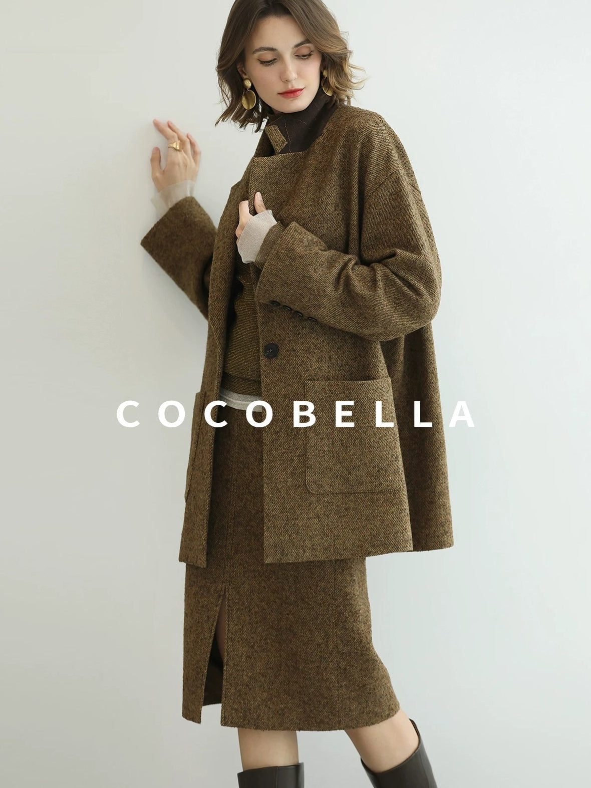 COCOBELLA Wool Blend Tailored Mid Rise Midi Straight H Line Front Slit Office Women Skirts