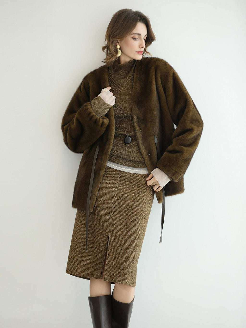 COCOBELLA Wool Blend Tailored Mid Rise Midi Straight H Line Front Slit Office Women Skirts