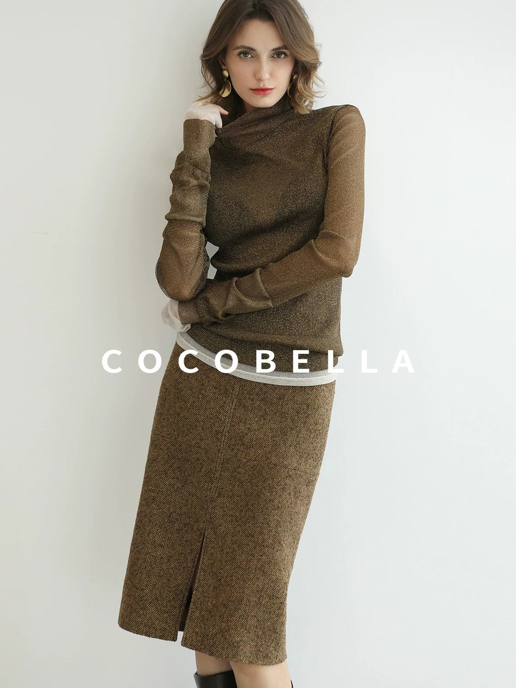 COCOBELLA Wool Blend Tailored Mid Rise Midi Straight H Line Front Slit Office Women Skirts