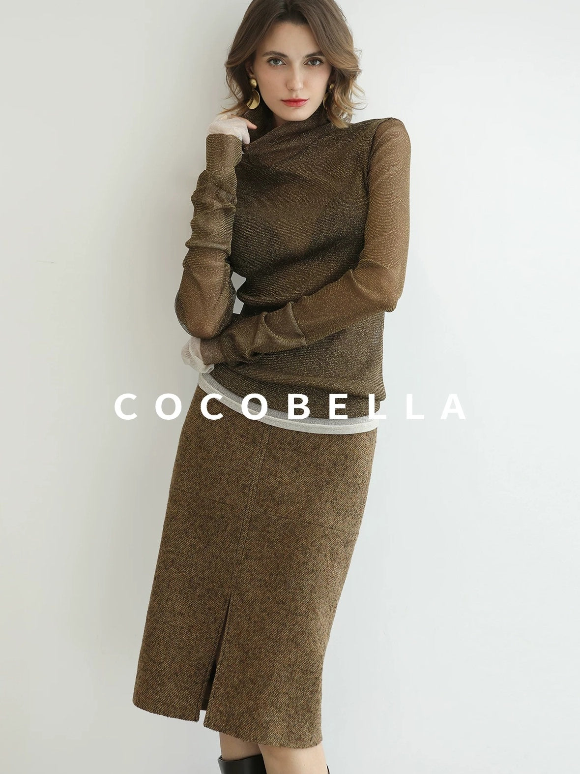 COCOBELLA Wool Blend Tailored Mid Rise Midi Straight H Line Front Slit Office Women Skirts